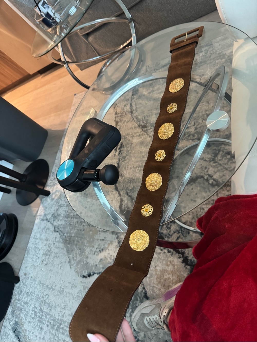 Cute express brown Suede Belt with Gold Medallion Accents